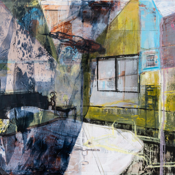 Original oil painting, abstract bedroom, window, blue, yellow