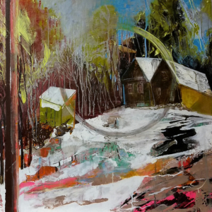 Original oil painting, cabin, trees, pink, red, green