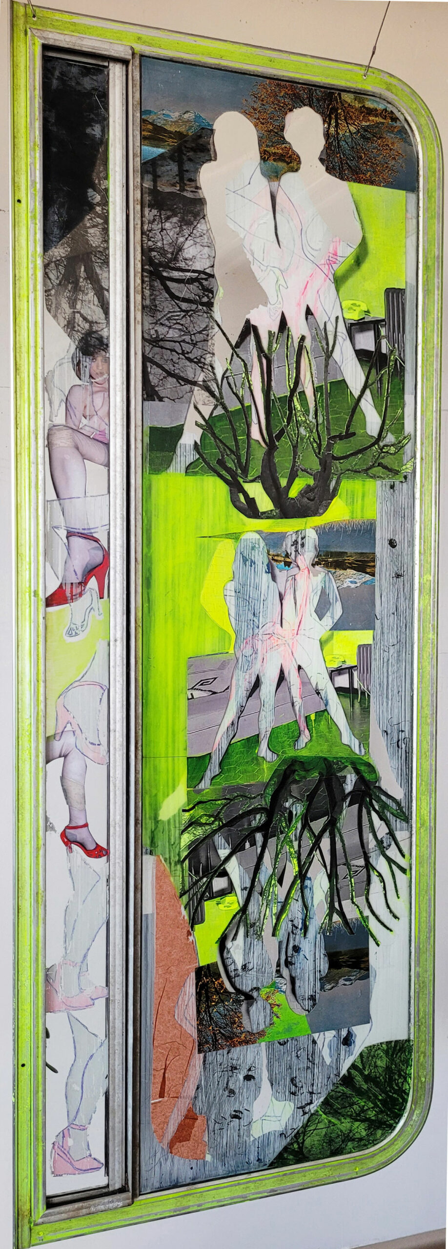 Original art, yellow-green collage on hanging glass window