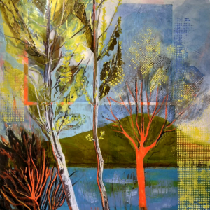 Original oil painting, abstract trees, orange. blue, yellow
