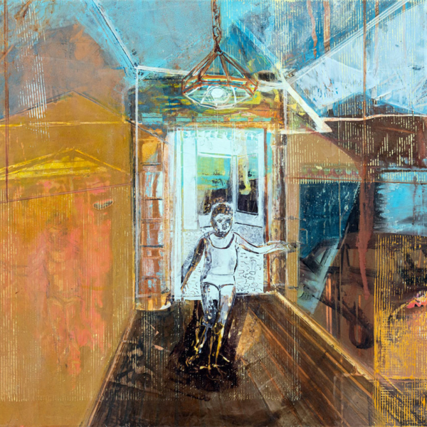Original oil painting, child running, abstract, yellow, blue