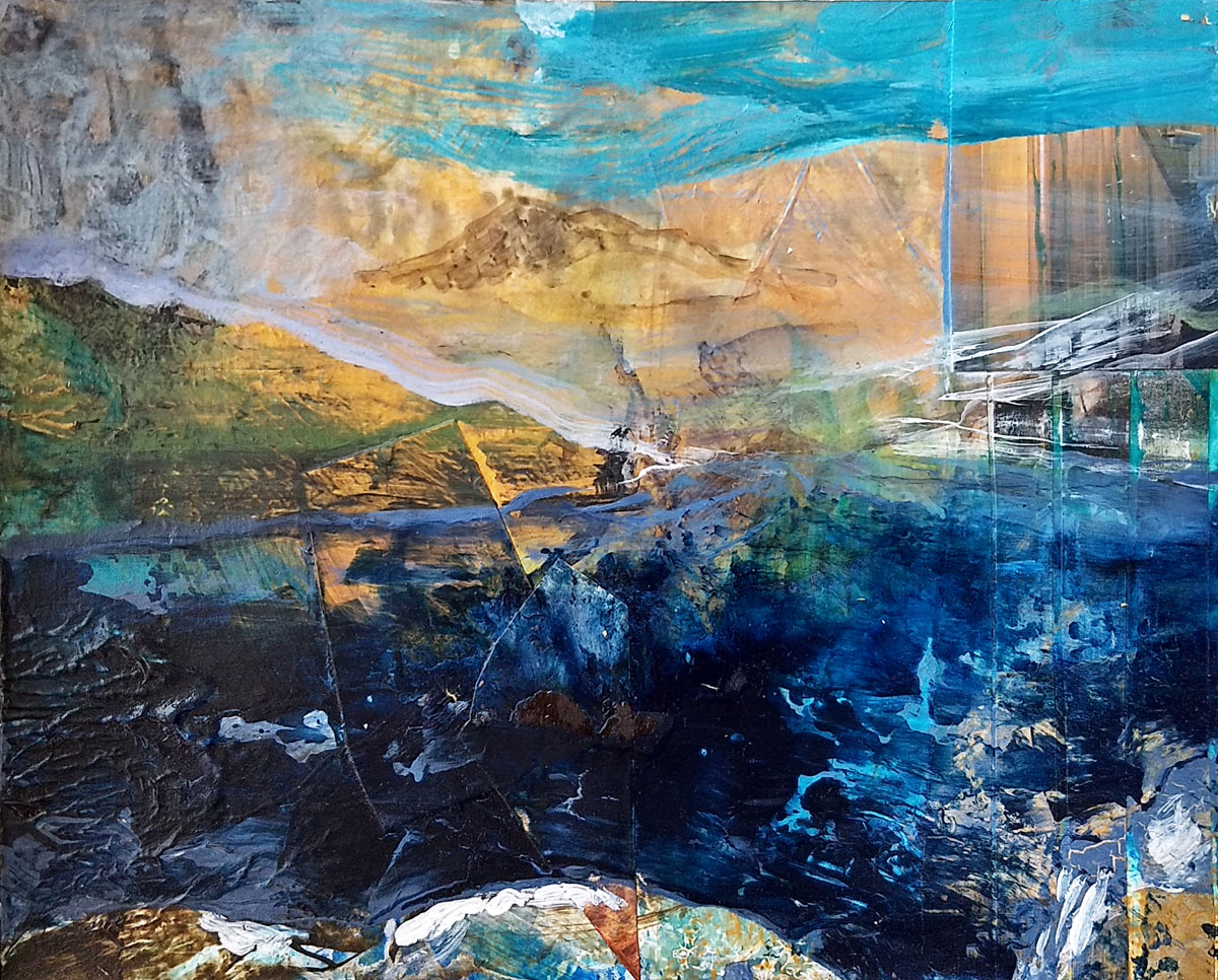 Original art blue yellow Scotland seascape acrylic painting