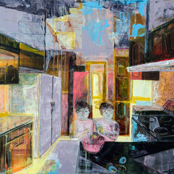 Original oil painting, blue, yellow kitchen, twin figures