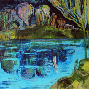Original oil painting, girl jumping into water, blue