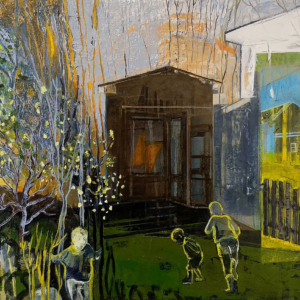Original oil painting, children, trees, house, yellow, green