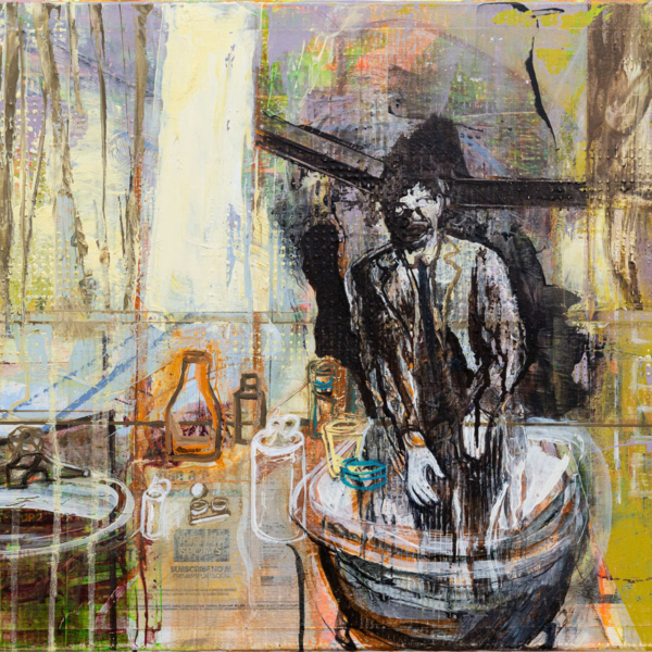 Original oil painting, figure in tub, abstract, yellow