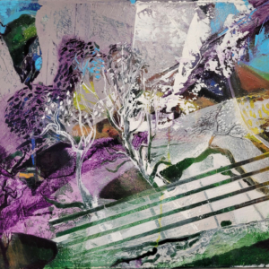 Original oil painting, abstract trees, purple, green