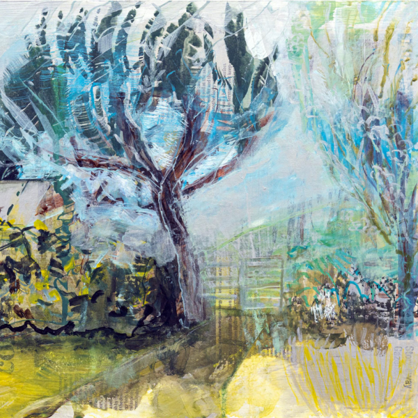 Original gouache painting, tree and landscape, blue, yellow