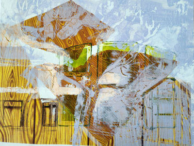 Original artwork, collage, acrylic painting, brown, lavender house