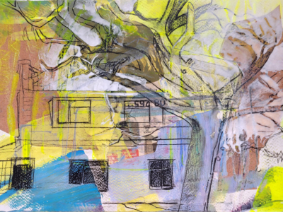 Original artwork, collage, acrylic painting, yellow, blue, house