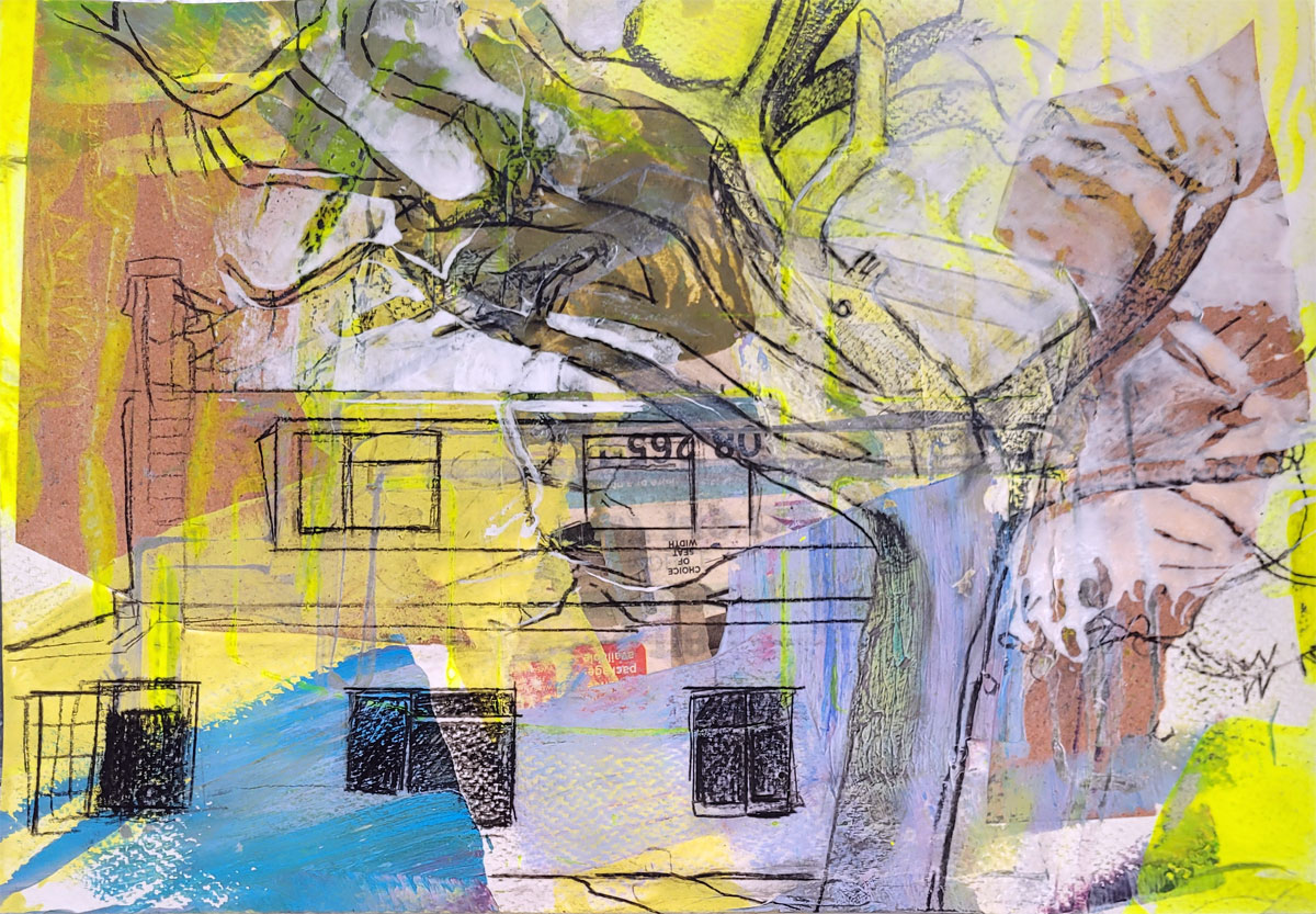 Original artwork, collage, acrylic painting, yellow, blue, house