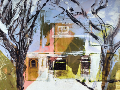Original artwork, collage, acrylic painting, yellow, blue, house