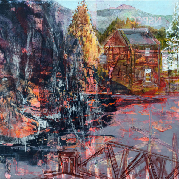 Original oil painting, house, fire, red and blue