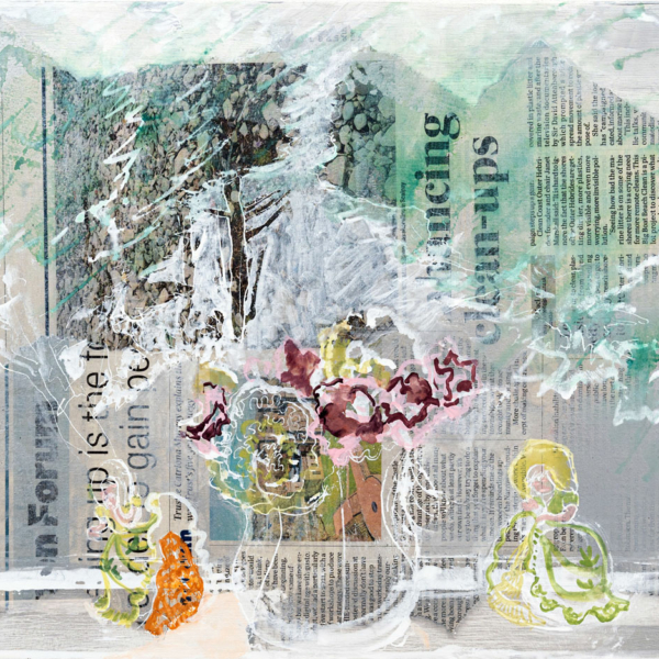 Original gouache painting on newspaper, white, green yellow