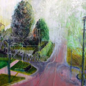 Original oil painting, ohio town, pink, yellow, green