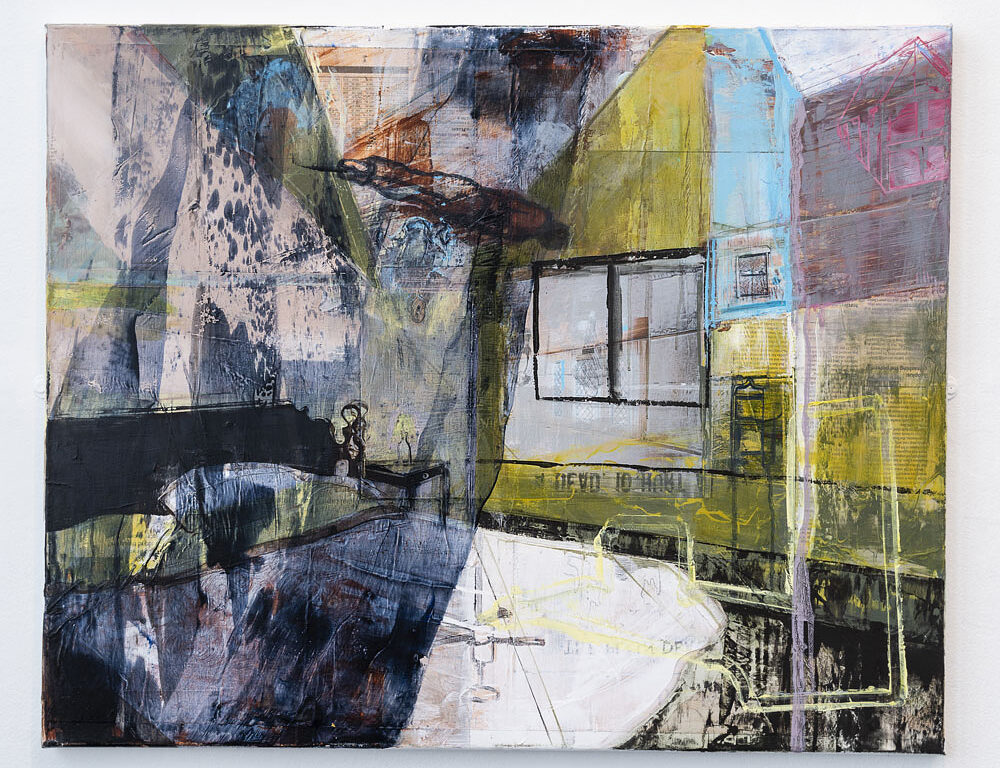 Original oil painting, abstract bedroom, window, blue, yellow