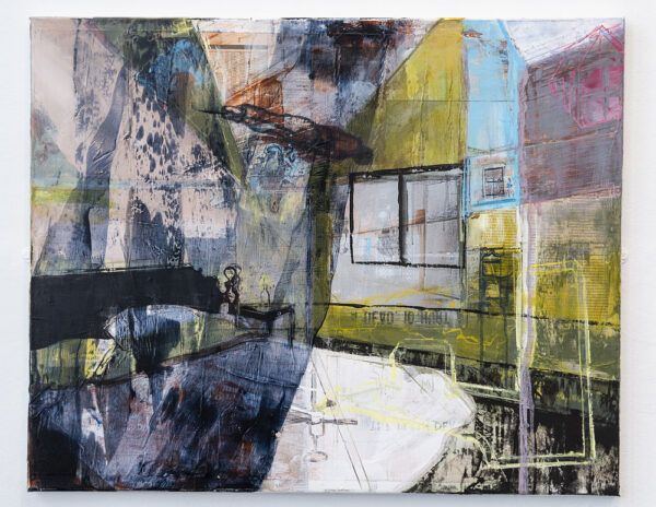 Original oil painting, abstract bedroom, window, blue, yellow
