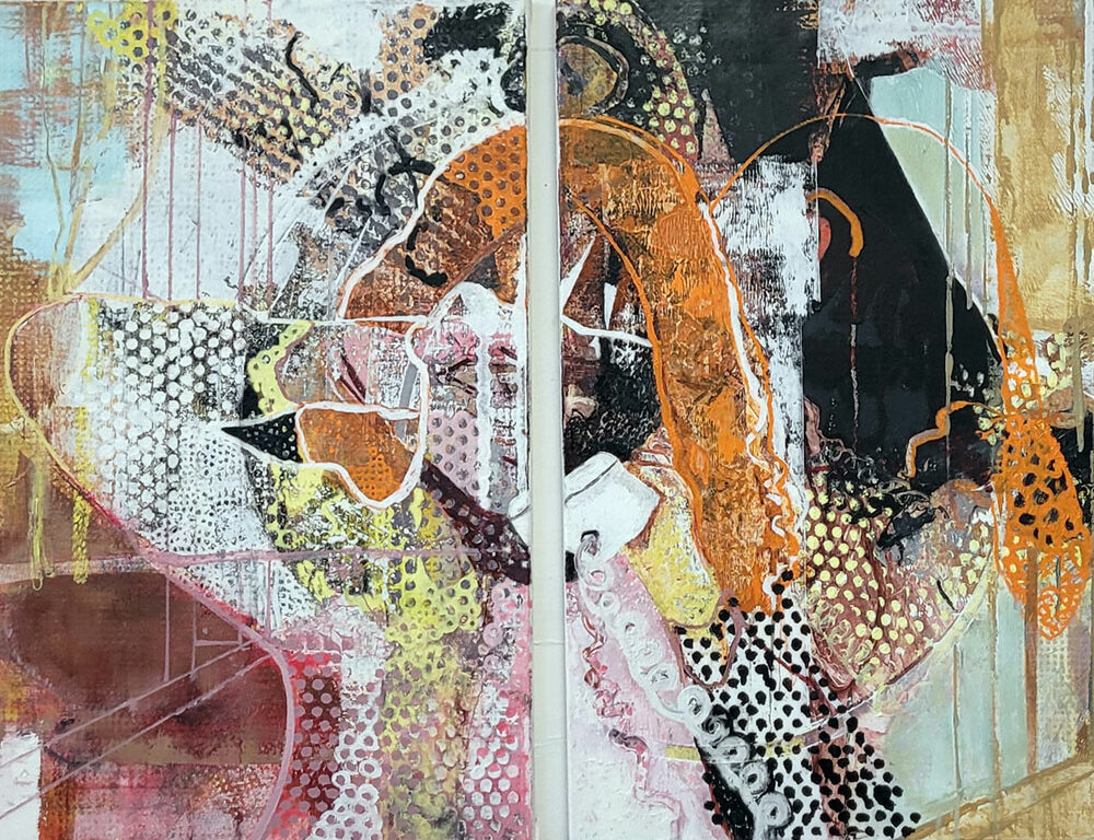 Original oil painting,girl, abstract, pink, orange, yellow