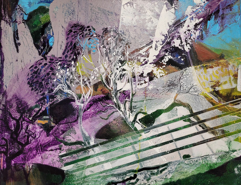 Original oil painting, abstract trees, purple, green