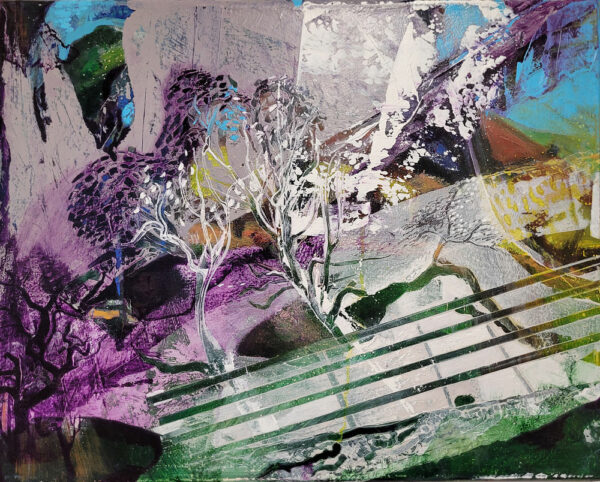 Original oil painting, abstract trees, purple, green