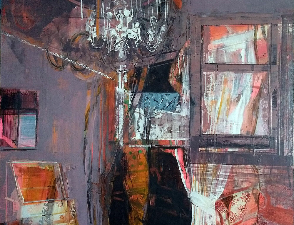 Original oil painting, interior, figures, orange, pink, white