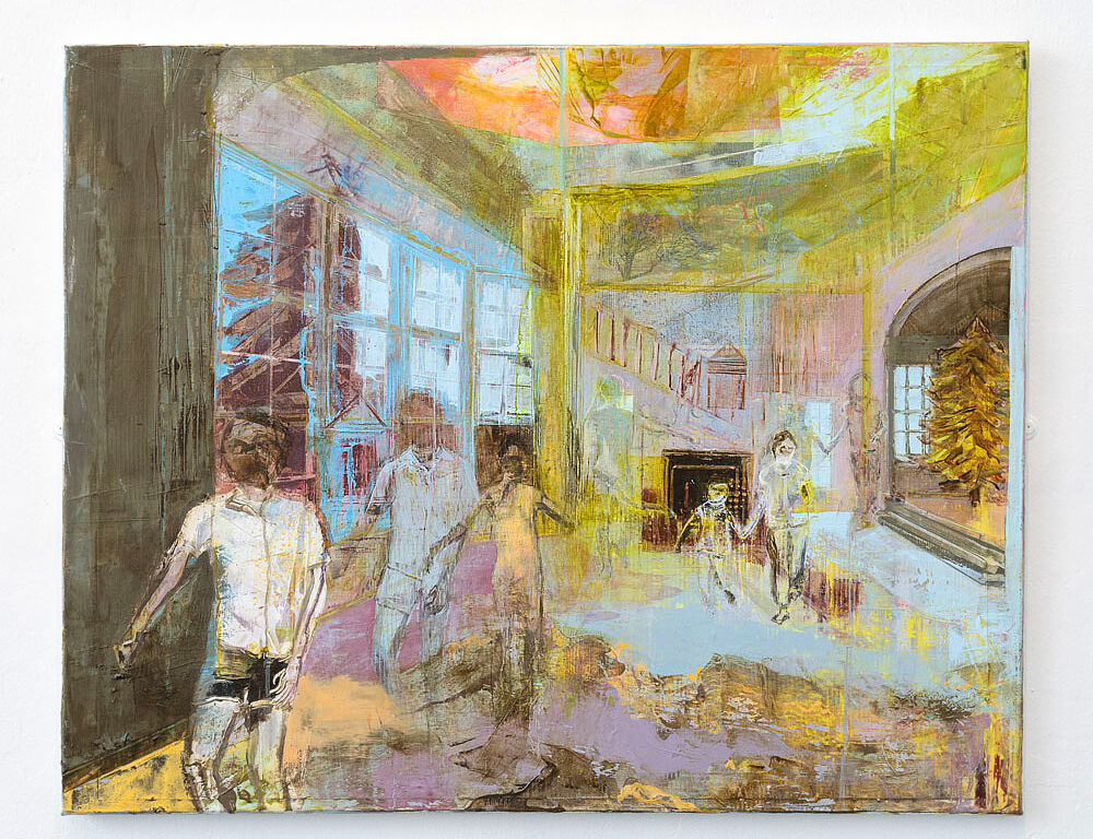 Original oil painting, green living room, running figures
