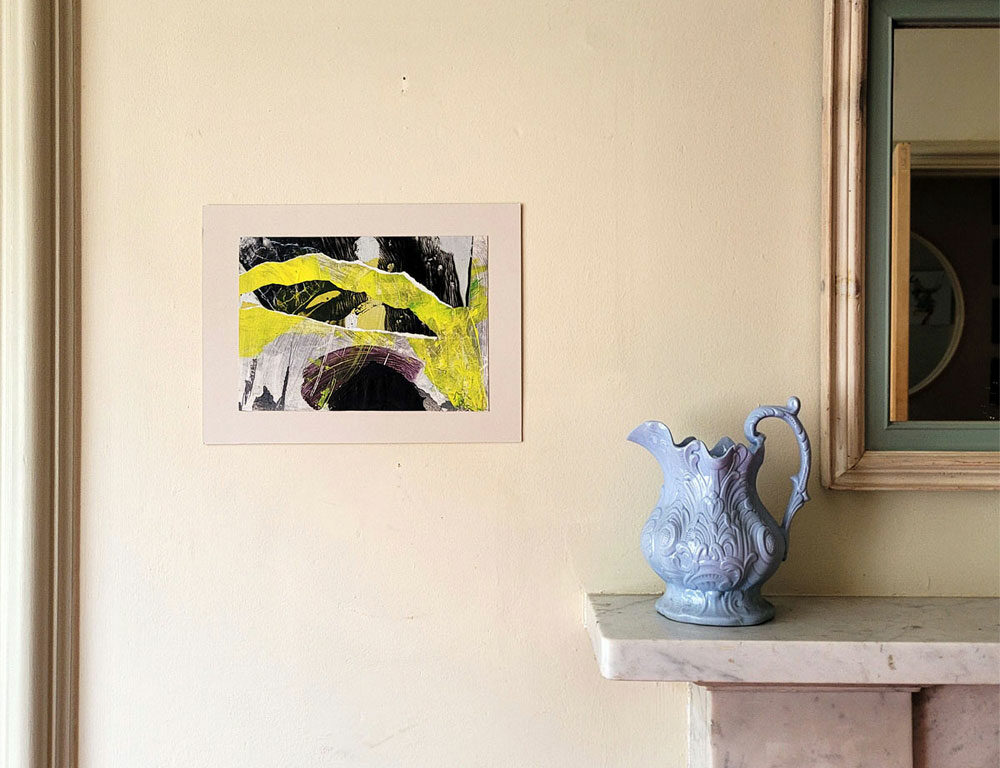 Original acrylic painting, yellow, black abstract in room
