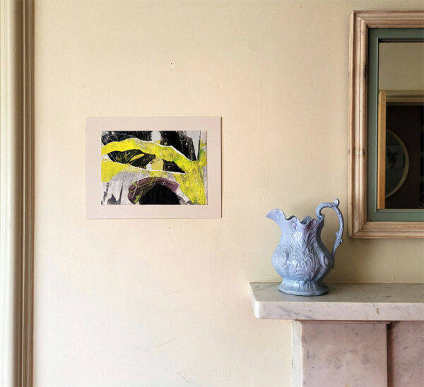 Original acrylic painting, yellow, black abstract in room