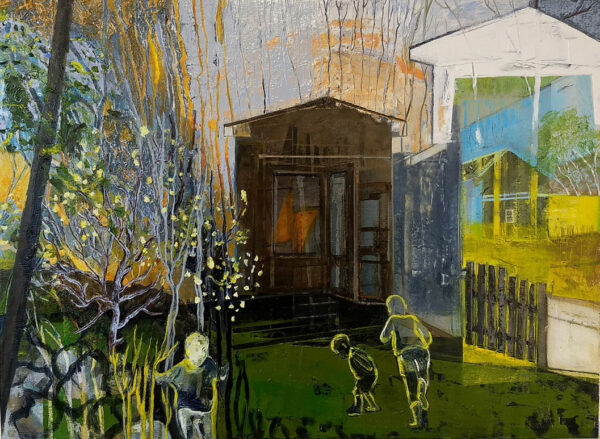 Original oil painting, children, trees, house, yellow, green