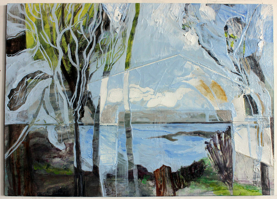 Original oil painting, seascape blue abstract with trees