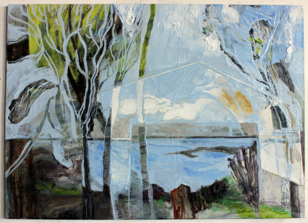 Original oil painting, seascape blue abstract with trees