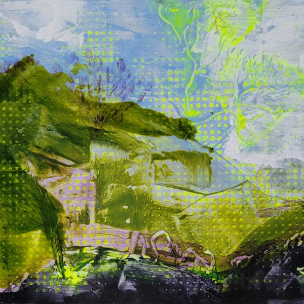 Original art green yellow abstract landscape acrylic painting