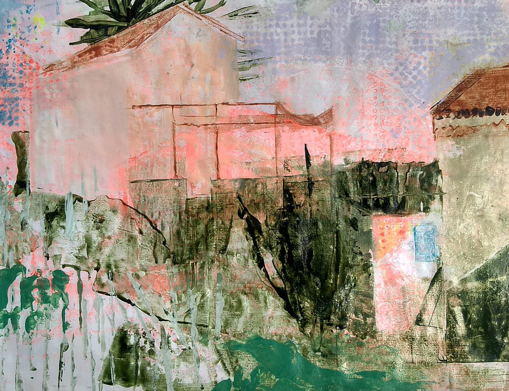 Original art, pink, green house acrylic painting