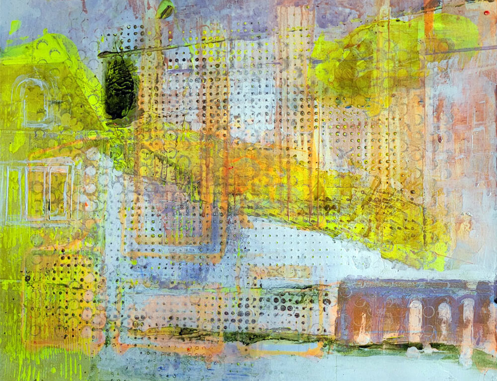 Original abstract yellow painting of Edinburgh Union Canal