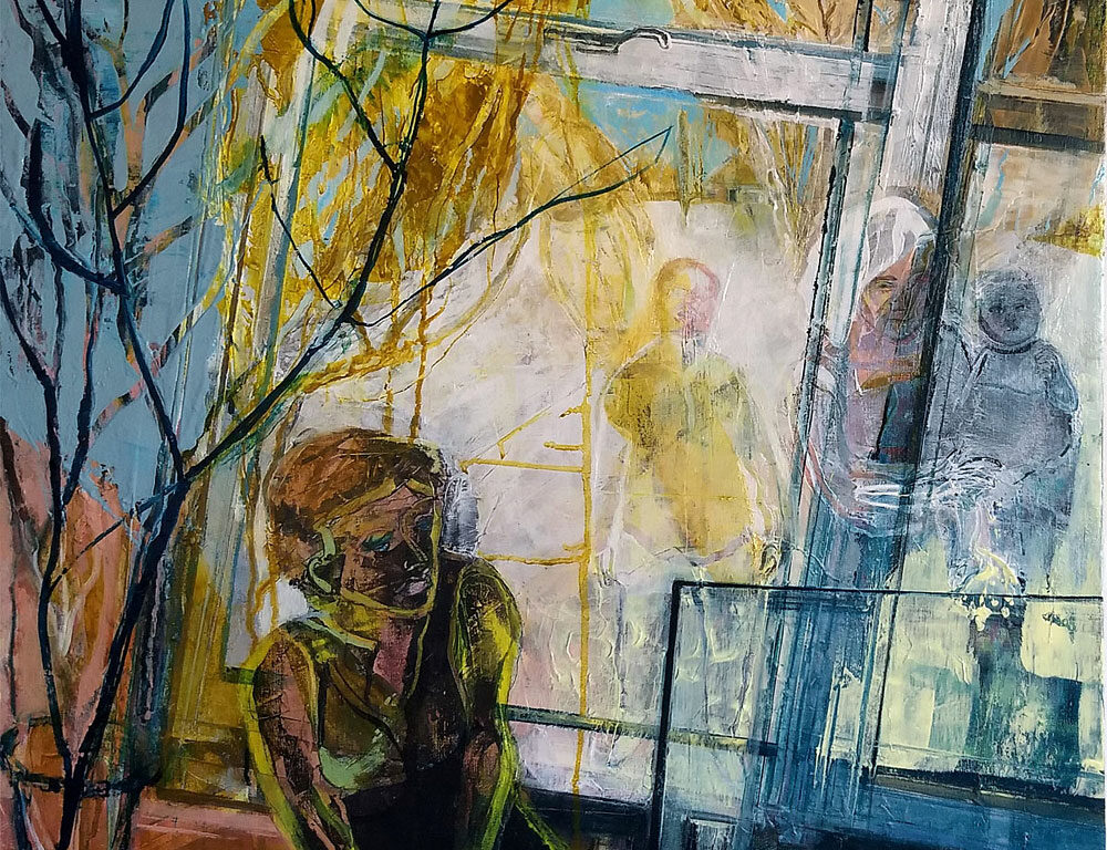 Original oil painting, figures, interior, windows, blue, yellow