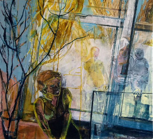 Original oil painting, figures, interior, windows, blue, yellow
