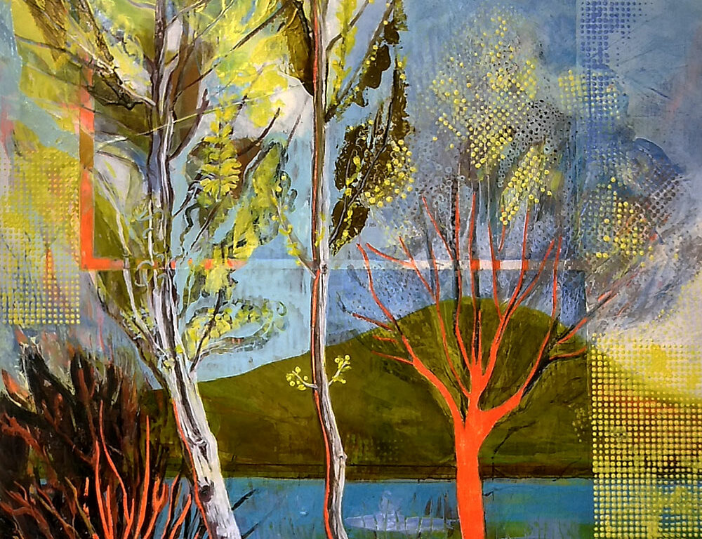 Original oil painting, yellow, blue landscape with trees