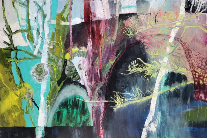 Oil painting of an imagined landscape with archways and portals by Michele Marcoux
