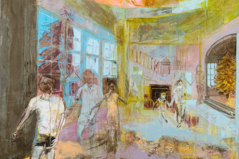 Painting of ghostly children running through a house at Christmas by Michele Marcoux