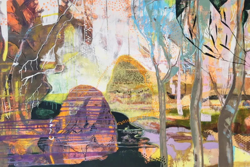 Oil painting of a figure emerging in a fantasy garden by Michele Marcoux