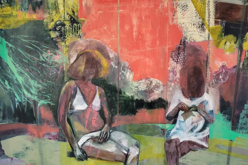 Red oil painting of two girls on swings by Michele Marcoux
