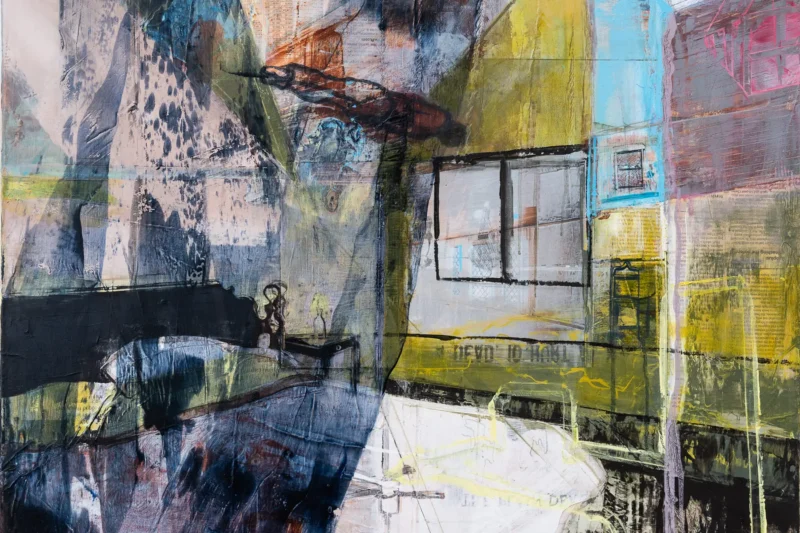 Painting of a bedroom with a floating figure by Michele Marcoux