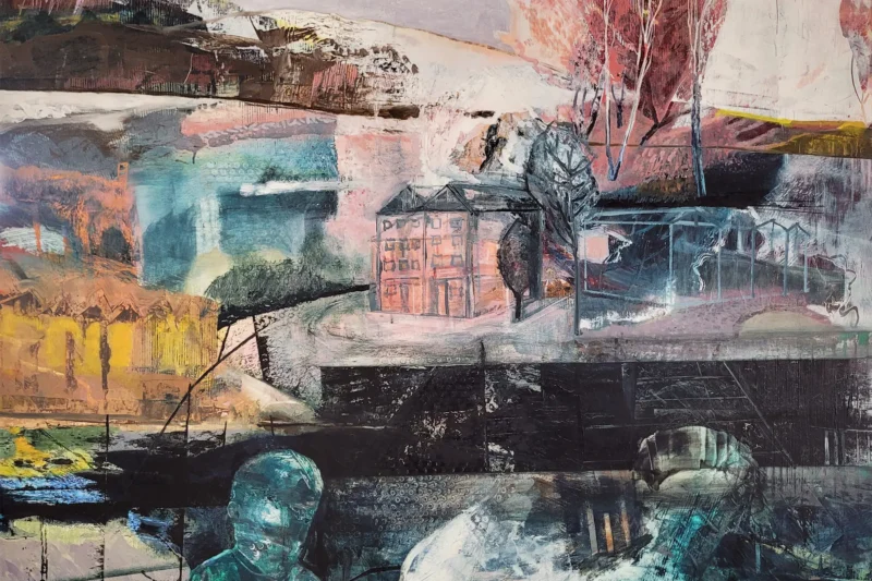 Oil painting of a dark Scottish landscape with figures, trees and houses by Michele Marcoux