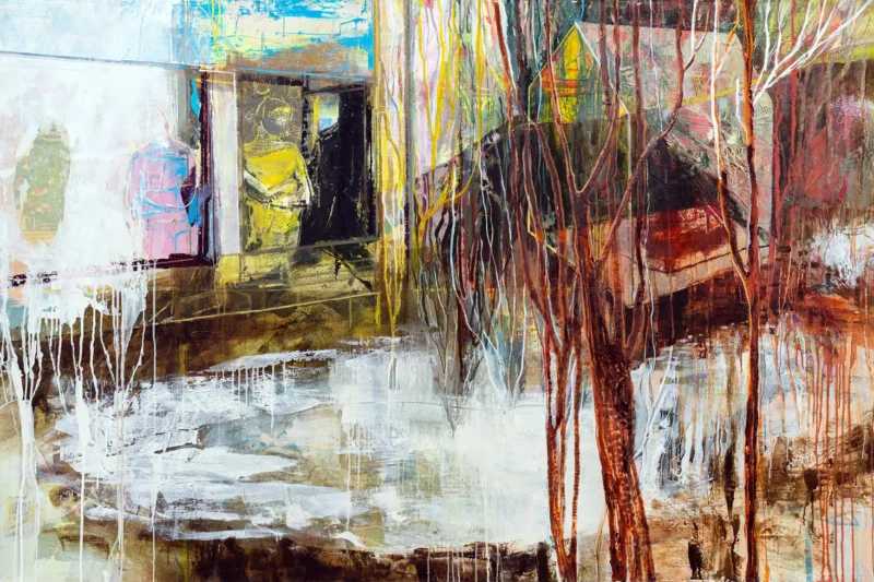 Painting of two figures in a window overlooking a landscape by Michele Marcoux