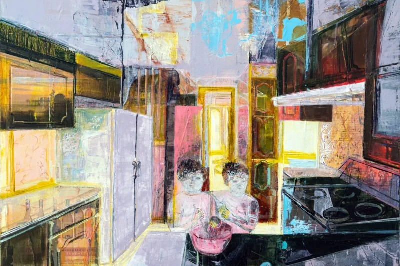 oil painting of twin children in a kitchen by michele marcoux