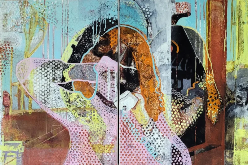 Detail of a diptych showing a girl on the phone with fragmented houses by Michele Marcoux