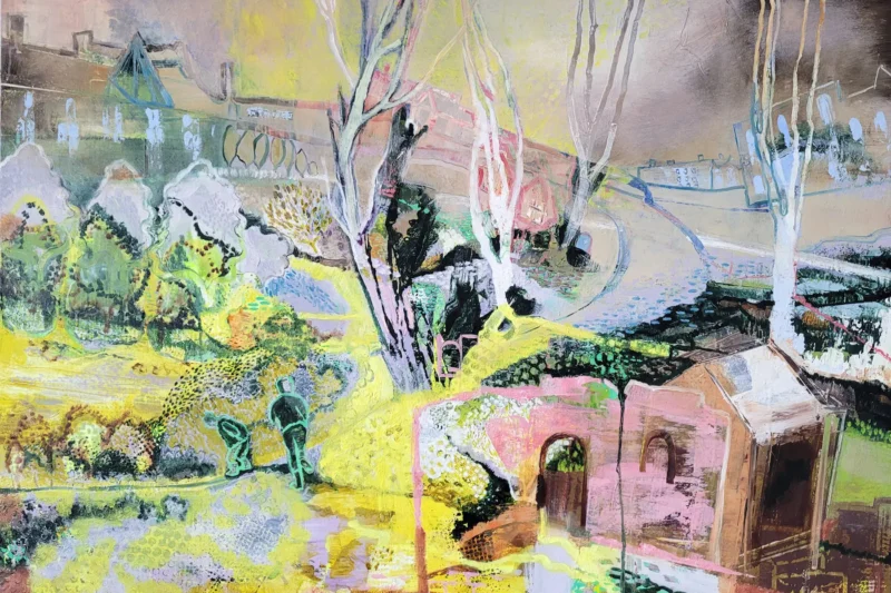 Oil painting of a yellow landscape with figures by Michele Marcoux