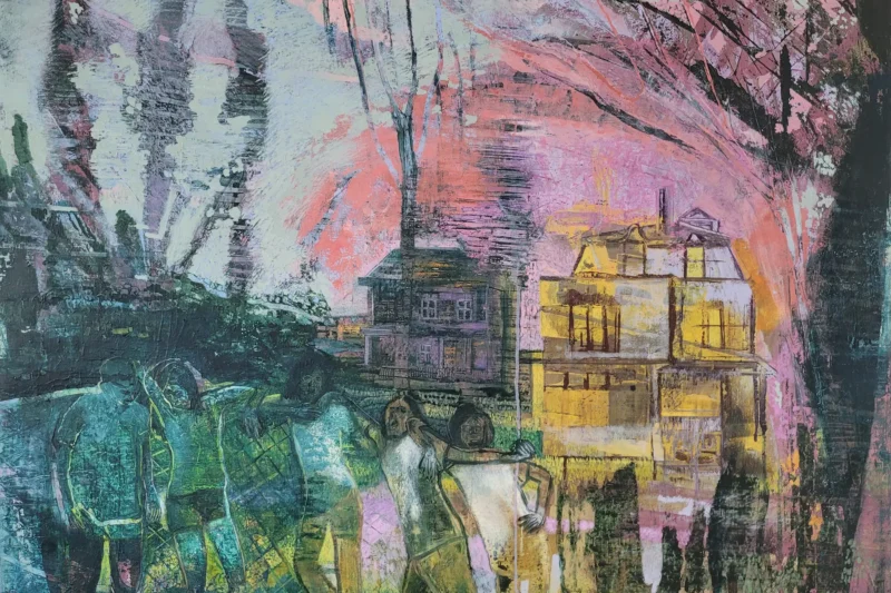 Oil painting of girls and a brightly lit house at night by Michele Marcoux