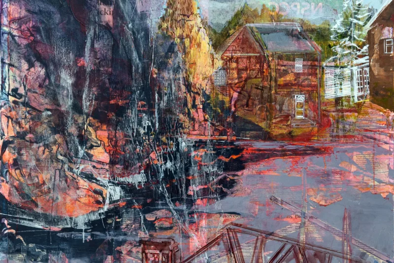 Painting of a house beside a burning river by Michele Marcoux