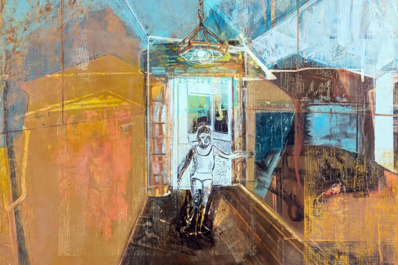 Painting of a dancing girl between interior and landscape by Michele Marcoux